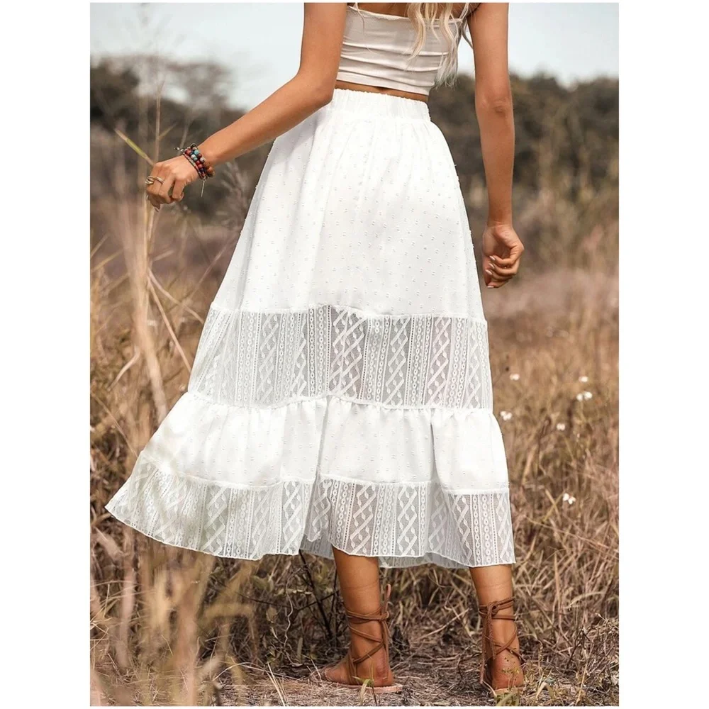 Boho White Lace Ruffle Maxi Skirt - Picture 2 of 4